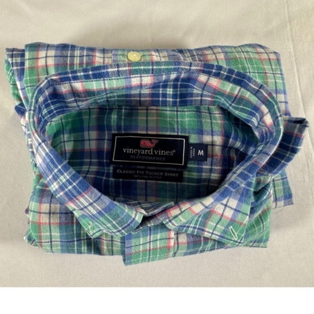 Vineyard Vines Performance Classic Fit Tucker Shirt Plaid Blue Green Mens Medium